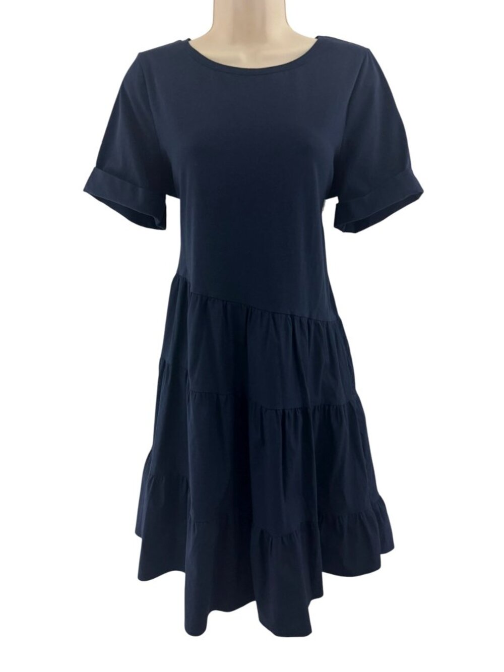 Chico's Size 1 = Medium Navy Blue Short Cuffed Sleeve Tiered Dress Summer Travel